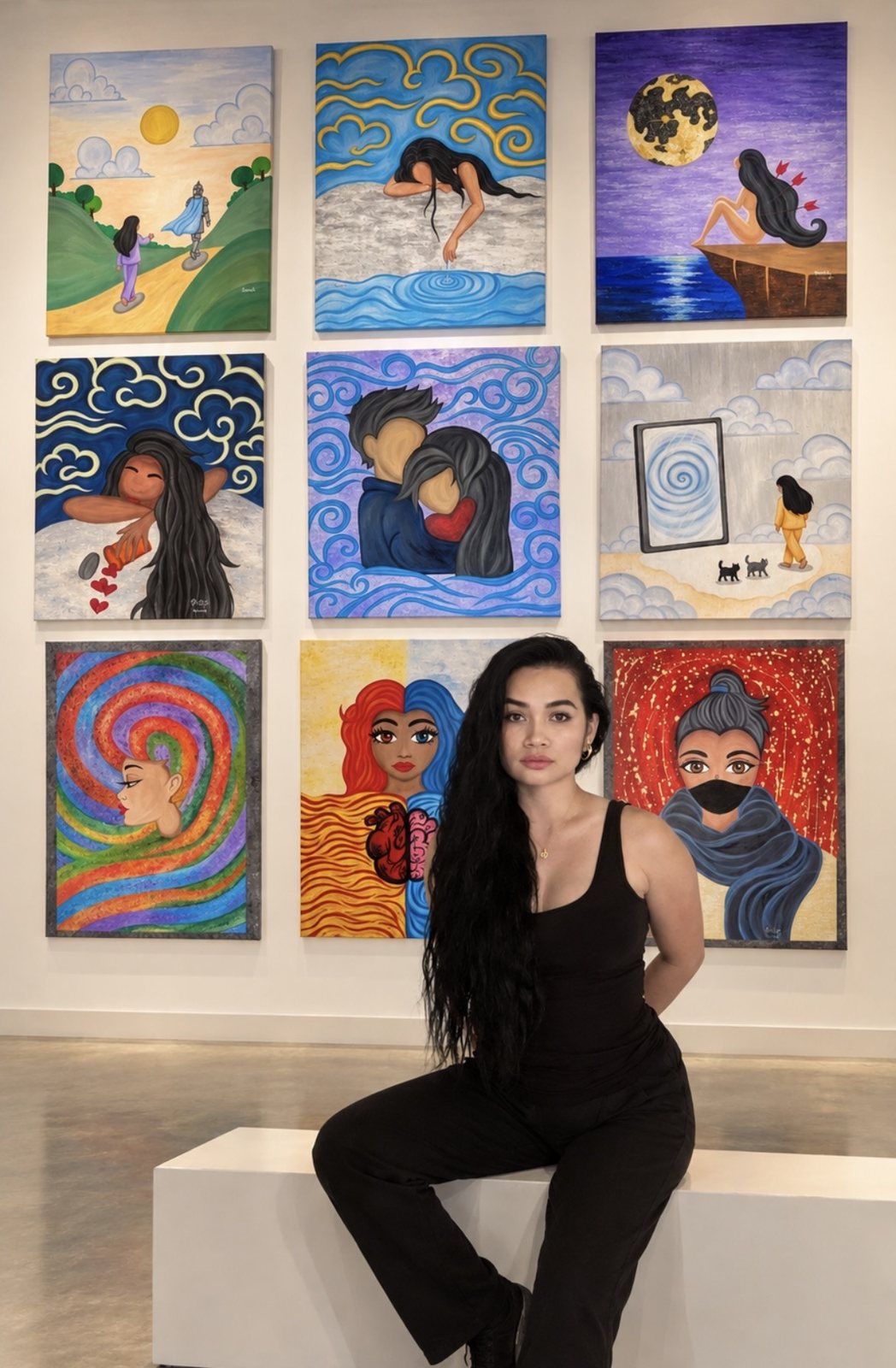 Karena with her paintings — the 100-painting journey